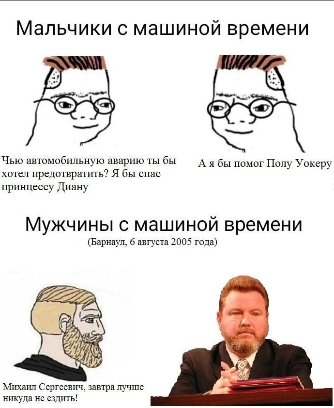 Мальчики с машиной времени Чью автомобильную аварию ты бы А я бы помог Полу Уокеру хотел предотвратить? Я бы спас принцессу Диану Мужчины с машиной времени (Барнаул, 6 августа 2005 года) a> Михаил Сер