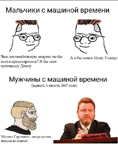 Мальчики с машиной времени Чью автомобильную аварию ты бы А я бы помог Полу Уокеру хотел предотвратить? Я бы спас принцессу Диану Мужчины с машиной времени (Барнаул, 6 августа 2005 года) a> Михаил Сер