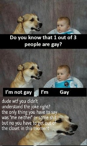 you know that 1 out of 3 people are gay? 6% Сау not gay I’ dude wtf you didn't understand the joke right? the only thing you have to say was "me neither" or some but по you have to get a the closet in