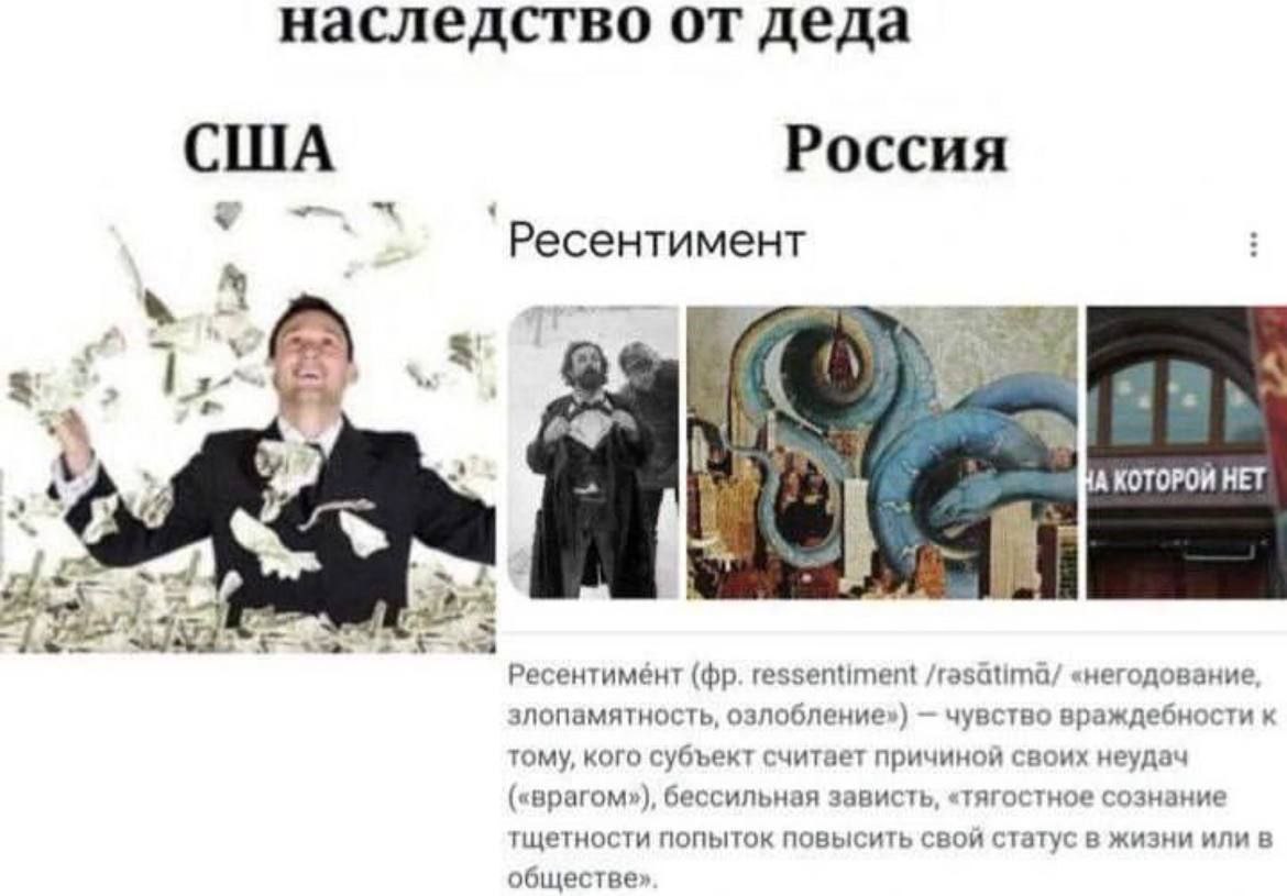 наследство от деда Россия Ресентимент 2% 4 HET “he Ресентимент ressentiment /rasatima/ «негодование, злопамятность, озлобление») чувство враждебности к тому, кого субъект считает причиной своих неудач