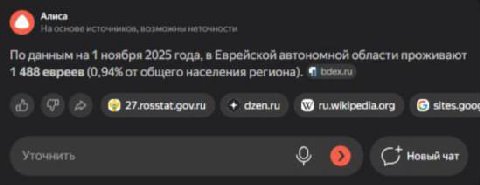 Алиса На источников. наточности По данным 1 ноября 2025 года, в Еврейской автономной области проживают 1 488 евреев (0,94% от общего населения региона). dzenru Уточнить Новый чат
