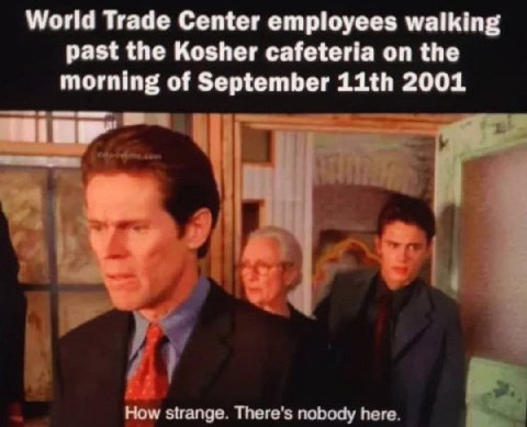 World Trade Center employees walking past the Kosher cafeteria on the morning of September 2001 How strange. There's nobody here.