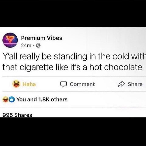 Premium Vibes Y'all really be standing in the cold миг that cigarette like it's a hot chocolate Comment Share О You and others 995 Shares