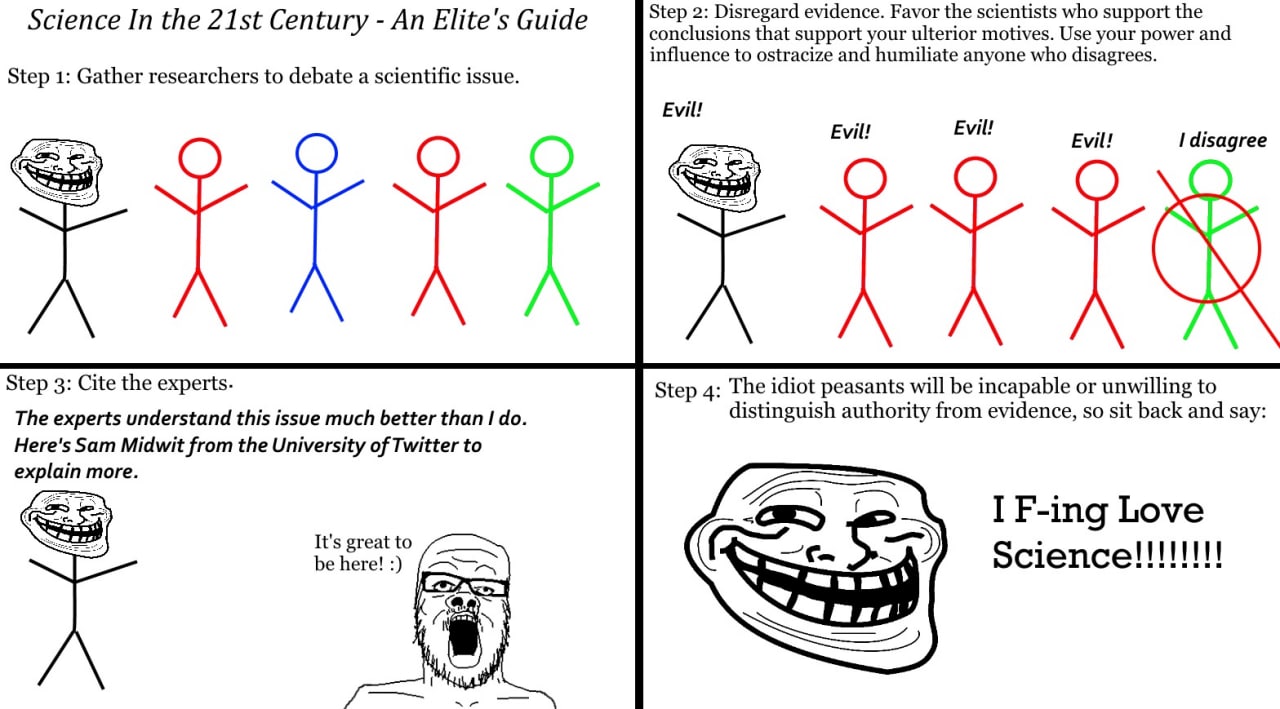Science In the Century An Elite's Guide Step 2: Disregard evidence. Favor the scientists who support the conclusions that support your ulterior motives. Use your power and influence to ostracize and h
