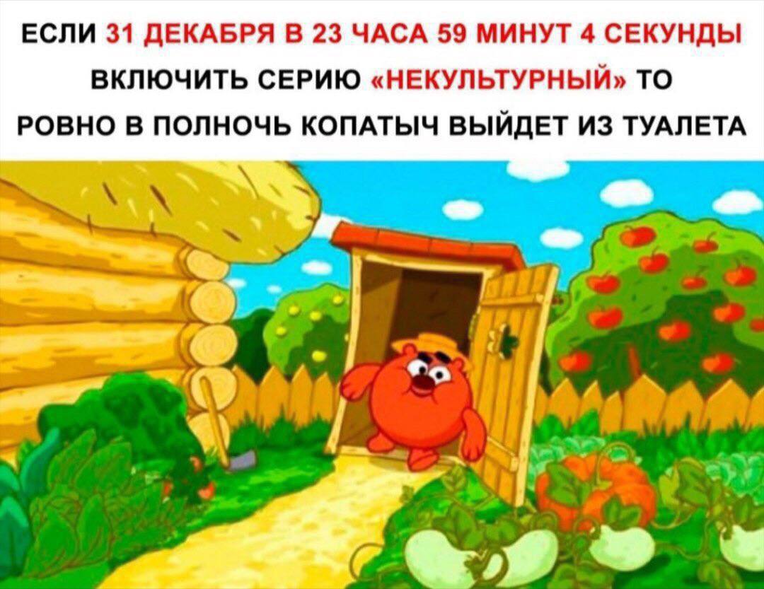 ЕСЛИ 31 ДЕКАБРЯ В 23 ЧАСА 59 МИНУТ 4 СЕКУНДЫ ВКЛЮЧИТЬ СЕРИЮ «НЕКУЛЬТУРНЫЙ» ТО РОВНО В ПОЛНОЧЬ КОПАТЫЧ ВЫЙДЕТ ИЗ ТУАЛЕТА