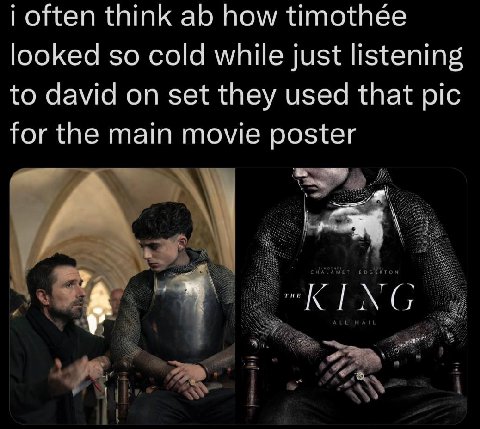 i often think how timothée looked so cold while just listening to david on set they used that pic for the main movie poster и