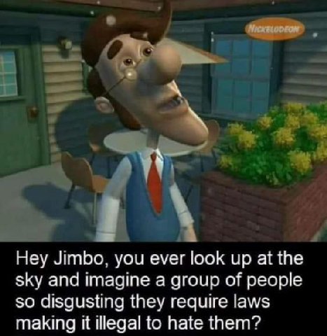 Hey Jimbo. you ever look up at the sky and imagine a group of people so disgusting they require laws making it Шеда! to hate them’?