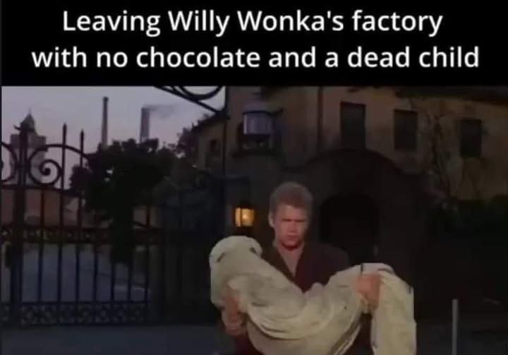 Leaving Willy Wonka's factory with no chocolate and a dead child