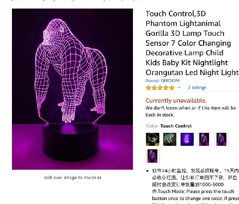 Touch Control,3D Phantom Lightanimal Gorilla Lamp Touch Sensor 7 Color Changing Decorative Lamp Child Kids Baby Kit Nightlight Orangutan Led Night Light Brand: DIROOM Я 2 ratings Currently unavailable