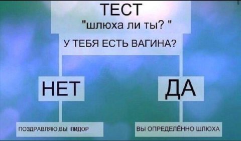 "шлюха ли ты? УТЕБЯ ЕСТЬ ВАГИНА? ПОЗДРАВЛЯЮ,ВЫ ПИДОР ВЫ ОПРЕДЕЛЁННО ШЛЮХА