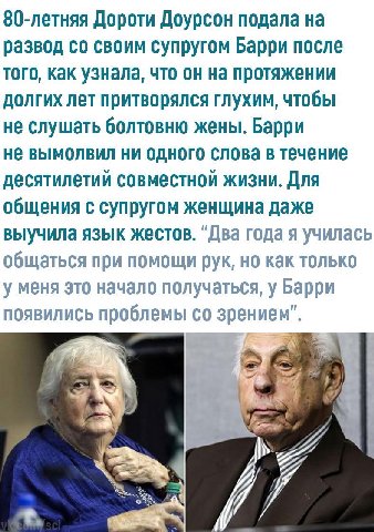80-летняя Дороти Доурсон подала на развод своим супругом Барри после того, как узнала, что он на протяжении долгих лет притворялся глухим, чтобы не слушать болтовню жены. Барри не вымолвил ни одного с