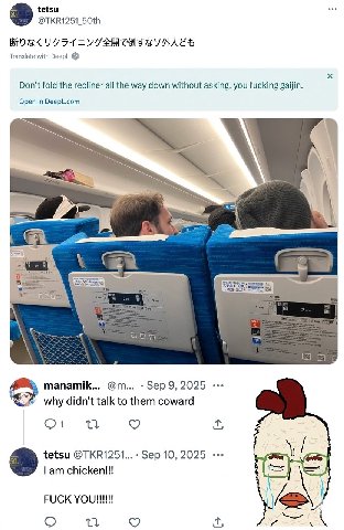 tetsu @TKR1251_50th Translate with DeepL Don’t fold the recliner all the way down without asking, you fucking gaijin. Open DeepL.com A manamik... Sep 9, 2025 why didn't talk to them coward tetsu @ТКВ1