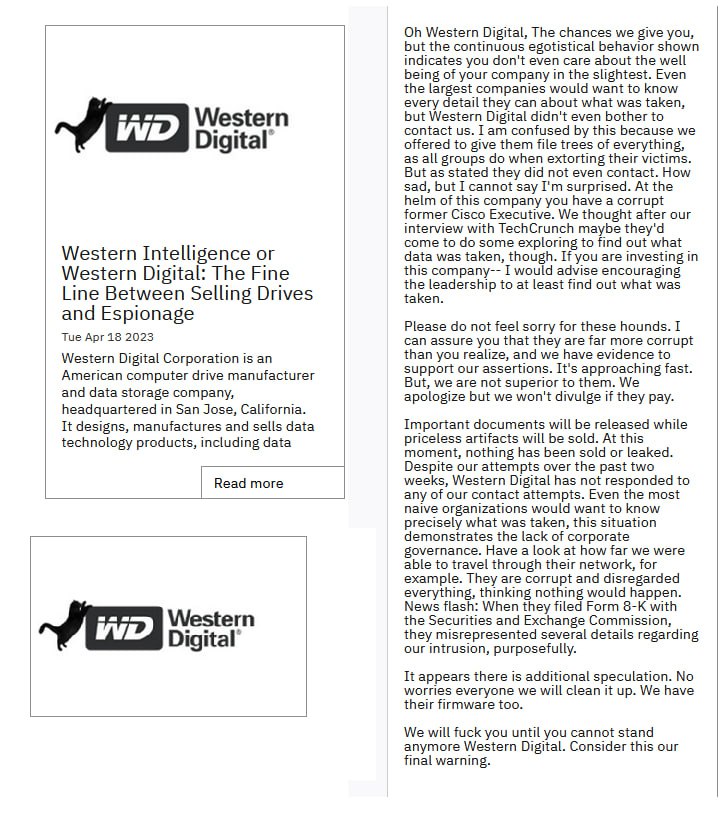 ALPHV ransomware group appears frustrated with Western Digital