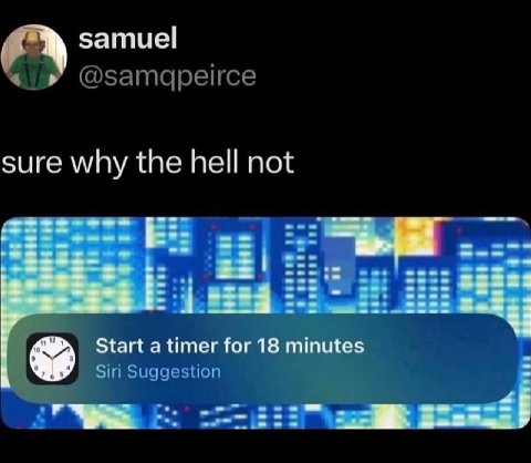 samuel “9 @затарейсе sure why the hell not Start а timer for 18 minutes Siri Suggestion
