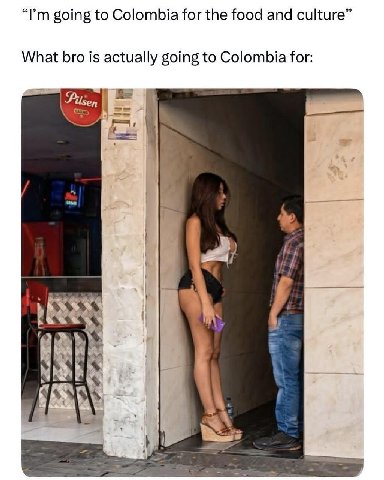 going to Colombia for the food and culture” What bro is actually going to Colombia for: at