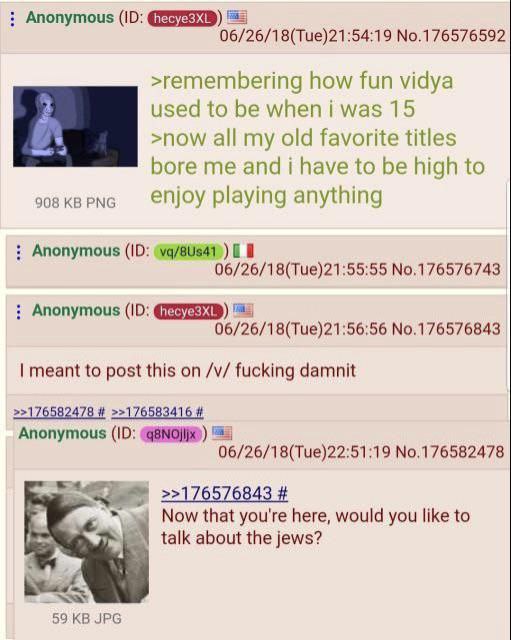 Anonymous 06/26/18(Тие)21:54:19 №.176576592 >remembering how Тип vidya used to be м/Пеп was 15 >now all my old favorite titles bore me and i have to be high to enjoy playing anything Anonymous (10: 06