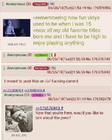 Anonymous 06/26/18(Тие)21:54:19 №.176576592 >remembering how Тип vidya used to be м/Пеп was 15 >now all my old favorite titles bore me and i have to be high to enjoy playing anything Anonymous (10: 06