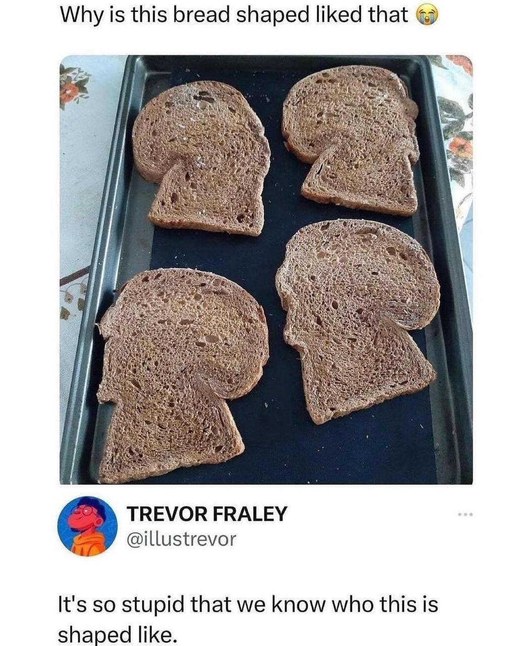 Why is this bread shaped liked that Fea 4 TREVOR FRALEY @illustrevor It's so stupid that we know who this is shaped like.