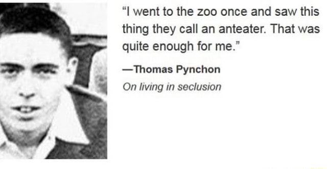 went to the Zoo once and saw this thing they call an anteater. That was quite enough for me.” —Thomas Pynchon On living in seclusion №7
