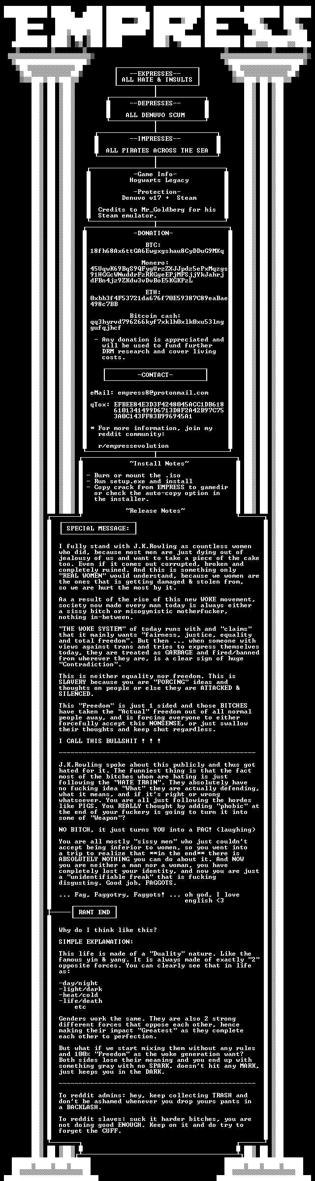 я ALL HATE INSULTS я —-РЕРВЕЗ$ ALL DENUVO SCUM ALL PIRATES ACROSS THE SEA Hogwarts Legacy —Protect ion— Denuvo Steam Credits to Mr_Goldberg for his Steam emulator. —DONAT I ON- BIC: Monero: 91HGGcWNud