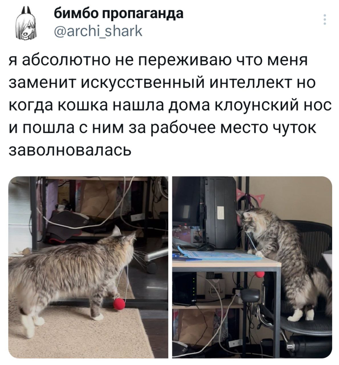 А бимбо пропаганда @archi shark я абсолютно не переживаю что меня заменит искусственныи интеллект но когда кошка нашла дома клоунскии нос и пошла с ним за рабочее место чуток заволновалась Val 1 a a