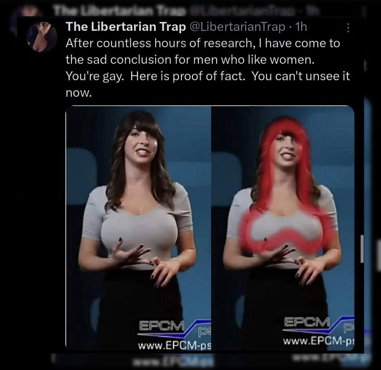 The Libertarian Trap After countless hours of research, have come to the sad conclusion for men who like women. You're gay. Here is proof of fact. You can't unsee it now. www EPCM-ps ЕРСМ-р: