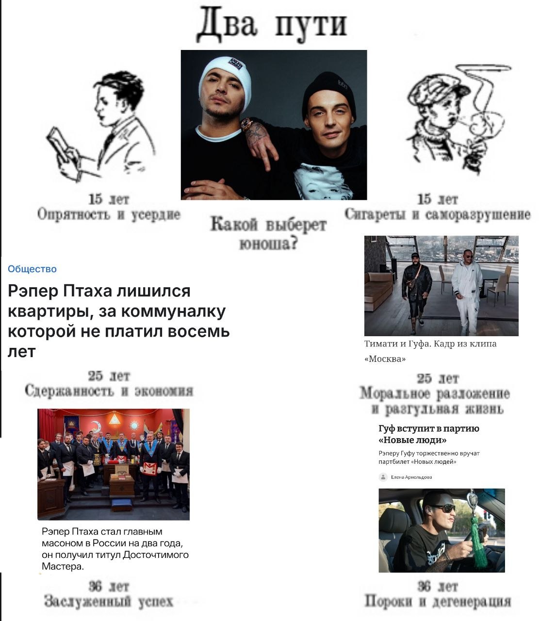 Два пути 15 лет 15 лет Опрятность и усердие и саморазрушение Какой выберет юноша? Общество Рэпер Птаха лишился квартиры, за коммуналку которой не платил восемь Тимати и Гуфа. Кадр из клипа лет «Москва