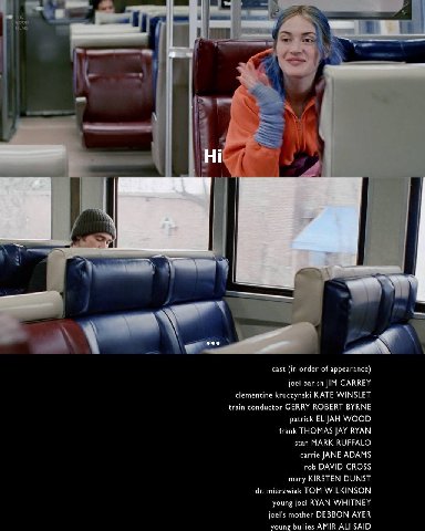 cast (in order of appearance) jocl barish JIM CARREY clementine kruczynski KATE WINSLET train conductor GERRY ROBERT BYRNE patrick ELIJAH WOOD frank THOMAS JAY RYAN stan MARK RUFFALO саге JANE ADAMS r