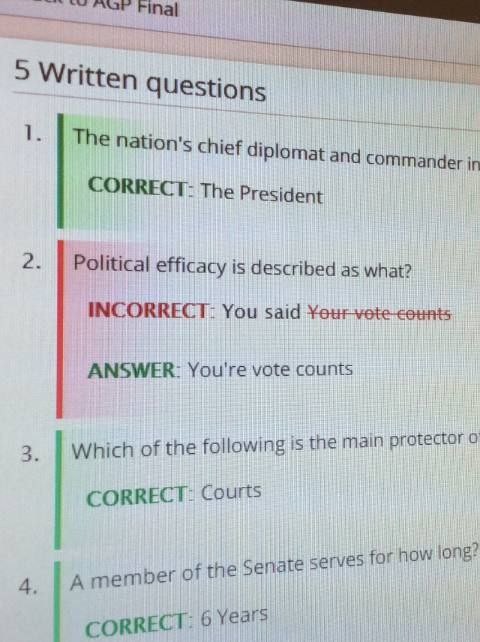очи 5 Written questi ons 1 The nation's chief diplomat and commander in CORRECT- The President 2 Political efficacy is described as what? INCORRECT: You said ANSWER: You're vote counts 3 Which of the 
