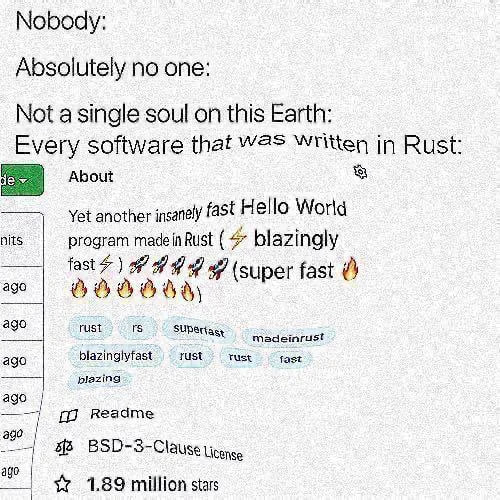 Nobody Absolutely no one Not a single soul on this Earth: software that Written in Rust About Yet another insanely fast ello World nits program Rust 4 blazingly fat?) (super ago ago rust Madeinrust ag