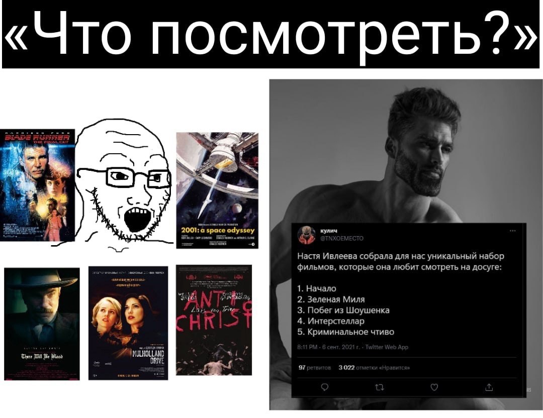 «Что посмотреть?» a у с.) кулич Настя Ивлеева собрала для нас уникальный набор фильмов, которые она любит смотреть на досуге: wer 1. Начало 2. Зеленая Миля £4 3. Побег из Шоушенка 4. Интерстеллар 5. К