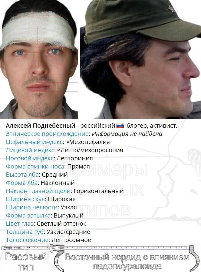 7 я Алексей Поднебесный российский блогер, активист. Этническое происхождение: Информация не найдена Цефальный индекс: =Мезоцефалия Лицевой индекс: =Лепто/мезопросопия Носовой индекс: Лепториния Форма