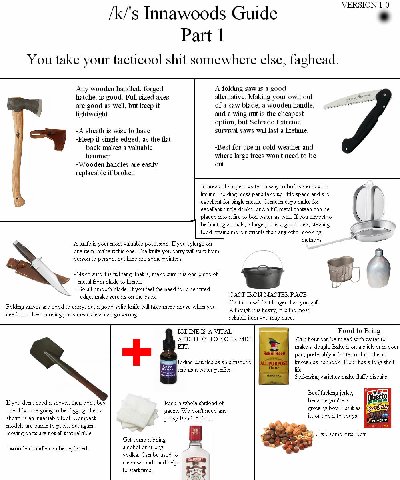In case of emergencies:

/k/ innawoods survival guide. Kinda old now but still good.

Uncharted Supply Co made a handy bugout bag checklist, if you don't know what essentials you'll need in a SHTF sit