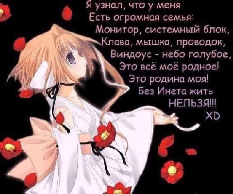 Я узнал, что у меня Есть огромная семья: Монитор, системный блок, Клава, мышка, проводок, Виндоус небо голубое, Это всё MOE родное! Это родина моя! Без Инета жить НЕЛЬЗЯ!!!