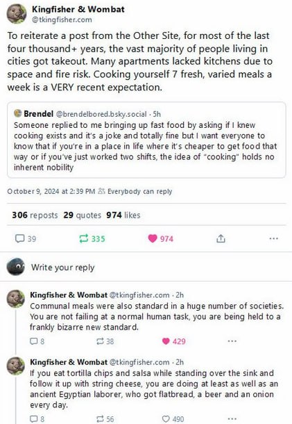 Kingfisher Wombat @tkingfisher.com To reiterate a post from the Other Site, for most of the last four thousand+ years, the vast majority of people living in cities got takeout. Many apartments lacked 