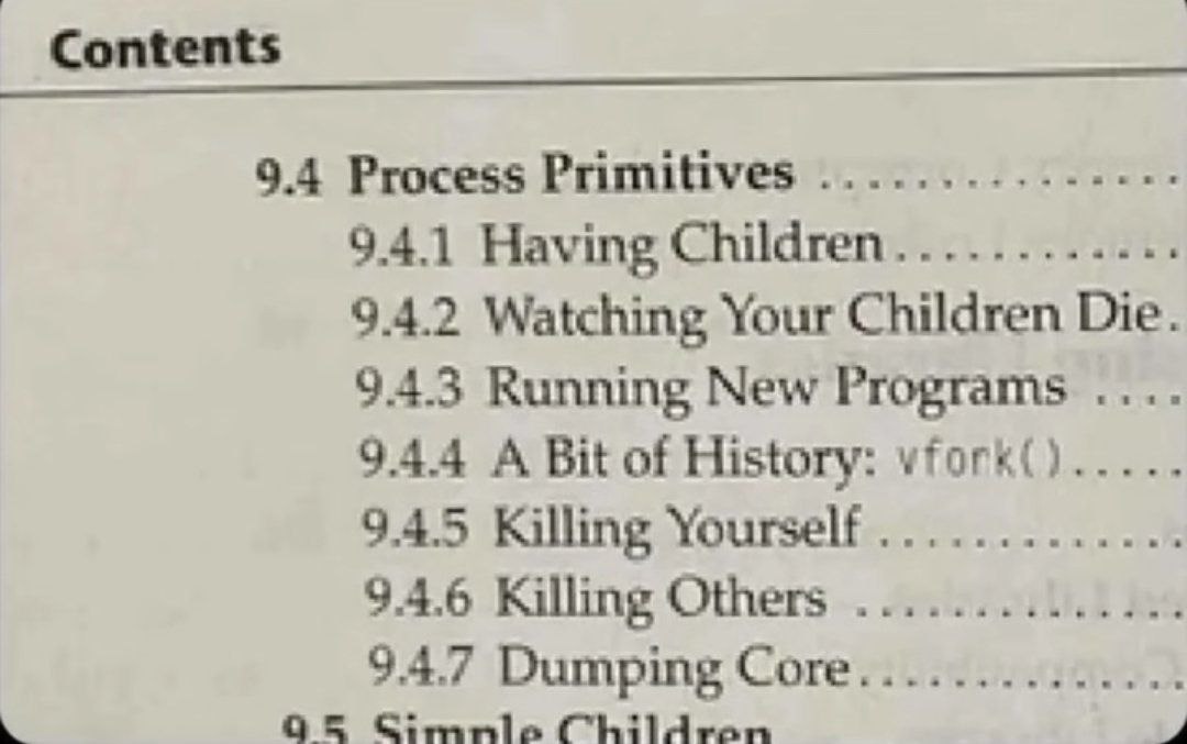 Contents 9.4 Process Primitives 9.4.1 Having Children 9.4.2 Watching Your Children Die. 94.3 Running New Programs 944 A Bit of History: vfork()..... 9.4.5 Killing Yourself 9.4.6 Killing Others Childra
