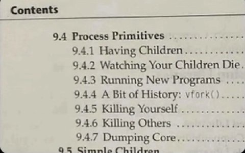 Contents 9.4 Process Primitives 9.4.1 Having Children 9.4.2 Watching Your Children Die. 94.3 Running New Programs 944 A Bit of History: vfork()..... 9.4.5 Killing Yourself 9.4.6 Killing Others Childra