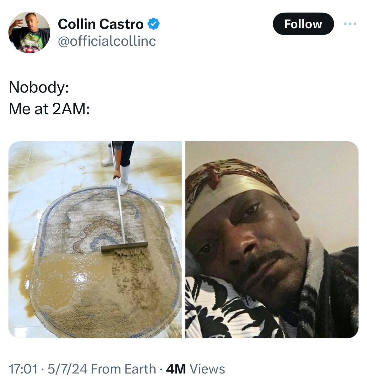 Collin Castro @officialcollinc Nobody: Me at 17:01 5/7/24 From Earth Views