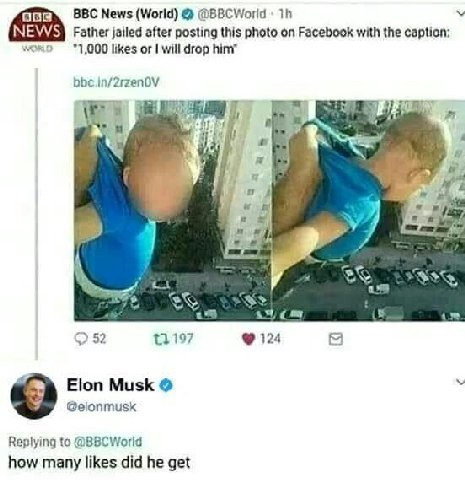 ВВС News (World) @BBCWorld Father jailed after posting this photo on Facebook with the caption: likes will drop Вит” bbe.in/2rzen0V 4 52 124 Elon Musk @еоптизк Replying to @BBCWorld how many likes did