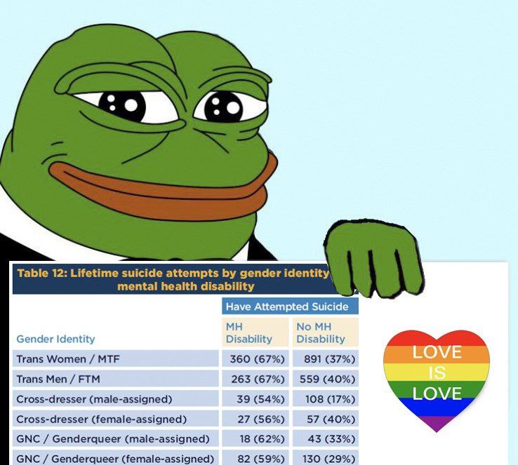 Table 12: Lifetime suicide attempts gender identity mental health disability No Gender Identity Disability Disability Trans Women MTF 360 (67%) 891 (37%) Trans Men 263 (67%) 559 (40%) Cross-dresser (m