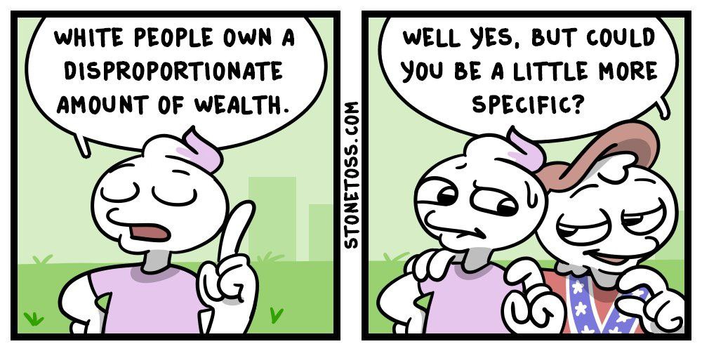 WHITE PEOPLE OWN А WELL YES, BUT COULD DISPROPORTIONATE YOU BE ALITTLE MORE AMOUNT OF WEALTH. SPECIFIC? 65.