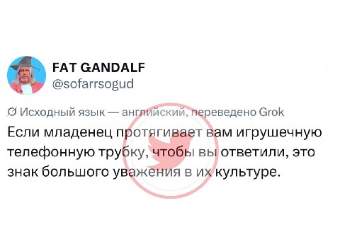 FAT GANDALF @sofarrsogud (9 Исходный язык переведено Grok Если младенец протягивает вам игрушечную телефонную трубку, чтобы вы ответили, это знак большого уважения в ихкультуре.