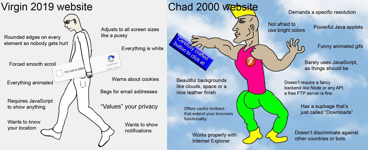 Chad 2000 Virgin 2019 website Demands a specific resolution Not afraid to Powerful Java applets Adjusts to all screen sizes use bright colors like a pussy Rounded edges on every element so nobody gets