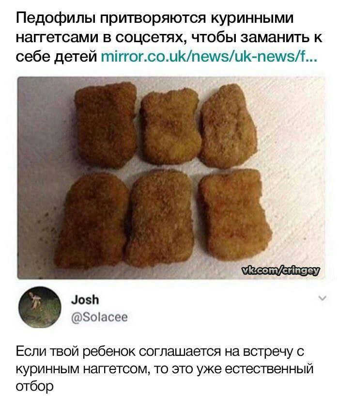 Педофилы притворяются куринными наггетсами в соцсетях, чтобы заманить к себе детей Josh @Solacee Если твой ребенок соглашается на встречу с куринным наггетсом, то это уже естественный отбор