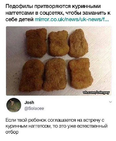 Педофилы притворяются куринными наггетсами в соцсетях, чтобы заманить к себе детей Josh @Solacee Если твой ребенок соглашается на встречу с куринным наггетсом, то это уже естественный отбор