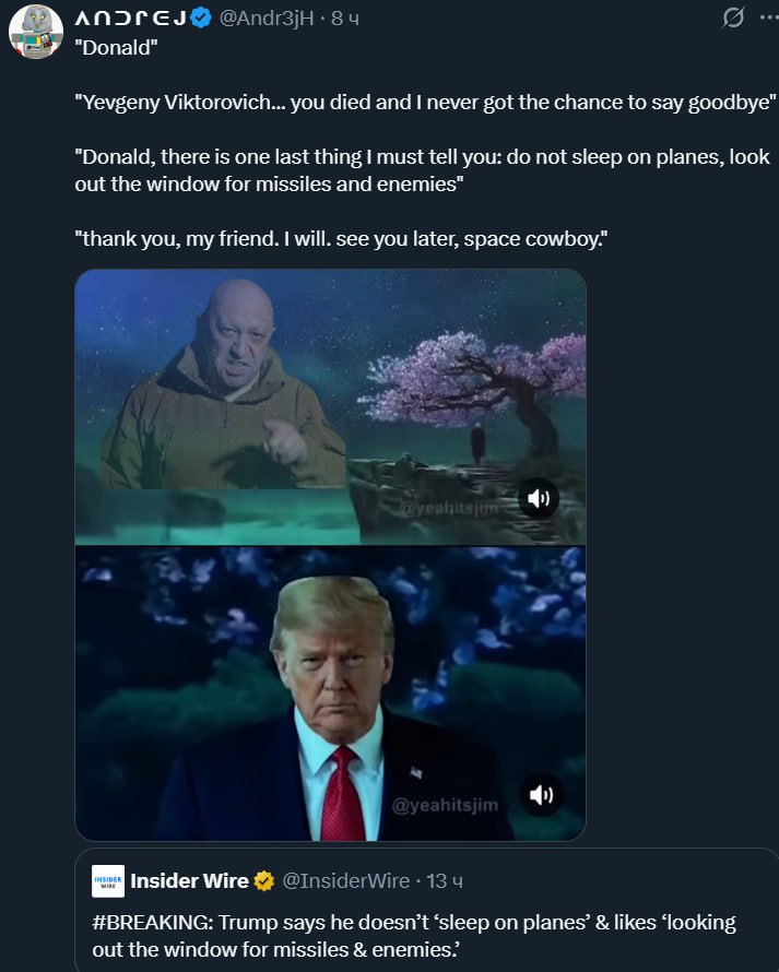"Donald" "Yevgeny Vikiorovich... you died and I never got the chance to say воо "Donald, there is one last thing 1 must tell you: not sleep on planes, look out the window for missiles and enemies" "th