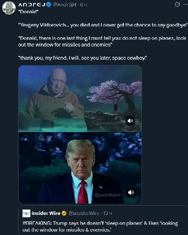"Donald" "Yevgeny Vikiorovich... you died and I never got the chance to say воо "Donald, there is one last thing 1 must tell you: not sleep on planes, look out the window for missiles and enemies" "th