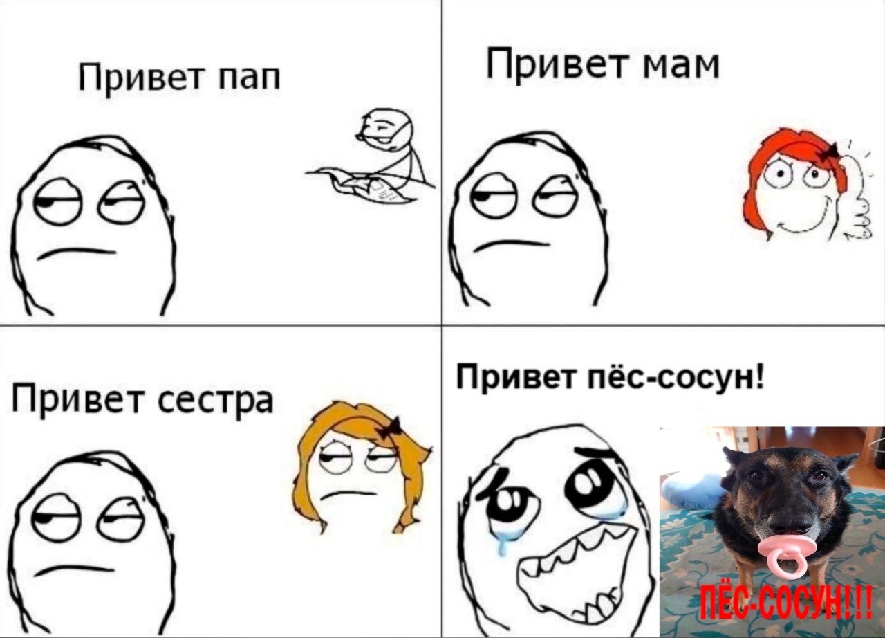 Привет пап Привет мам бус Привет сестра Привет пёс-сосун! У