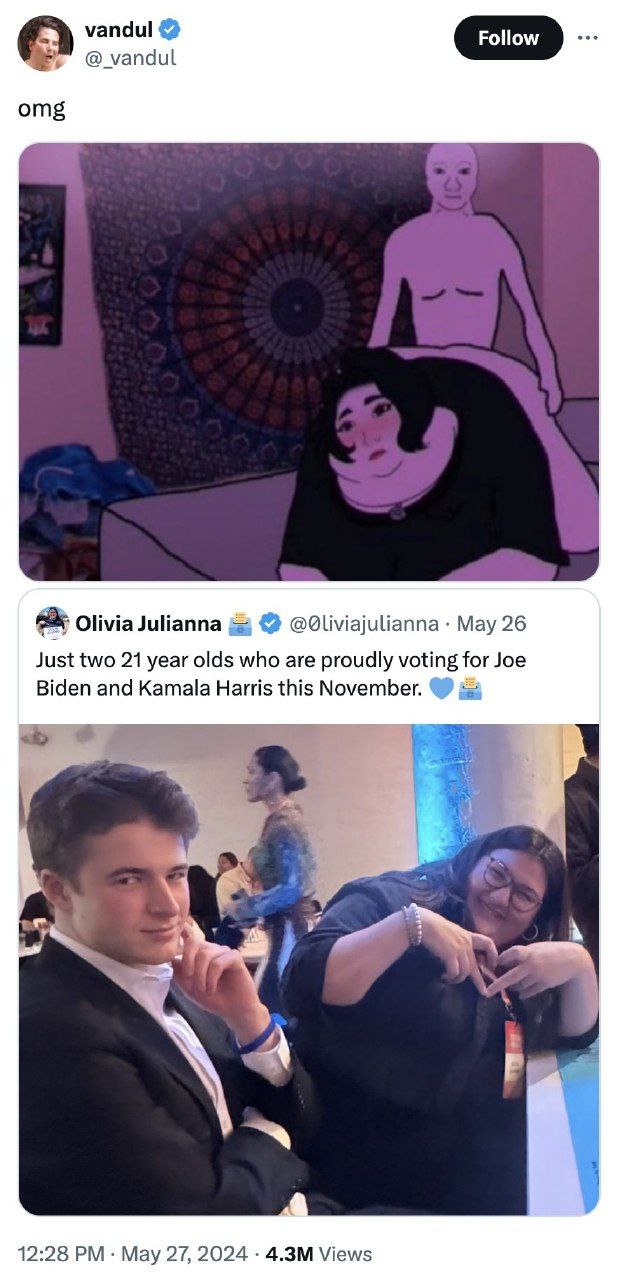 vandul уапаш omg Olivia Julianna @Oliviajulianna May 26 Just two 21 year olds who are proudly voting for Joe Biden and Kamala Harris this November. у а к 4 3 A 4 12:28 May 27, 2024 Views
