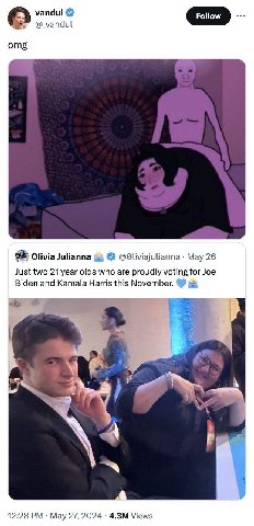 vandul уапаш omg Olivia Julianna @Oliviajulianna May 26 Just two 21 year olds who are proudly voting for Joe Biden and Kamala Harris this November. у а к 4 3 A 4 12:28 May 27, 2024 Views